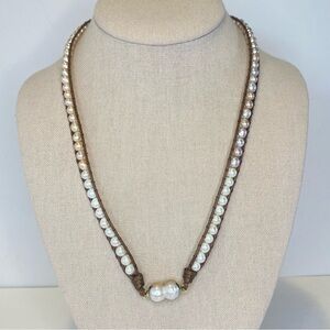 Freshwater Baroque Pearl Pendant Necklace Artisan Gold Tone Silk Cord Adjustable